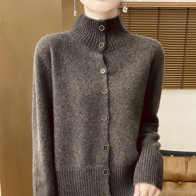 High-End Women's Stand-Up Collar Wool Cardigan Coat - Autumn/Winter Casual Knit Sweater.