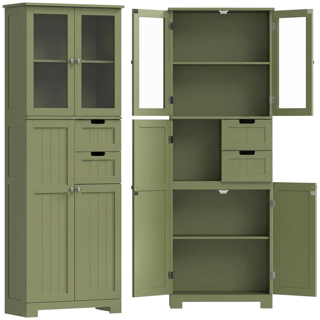 Tall Storage Unit, Cabinet with Glass Doors and Adjustable Shelves, Green