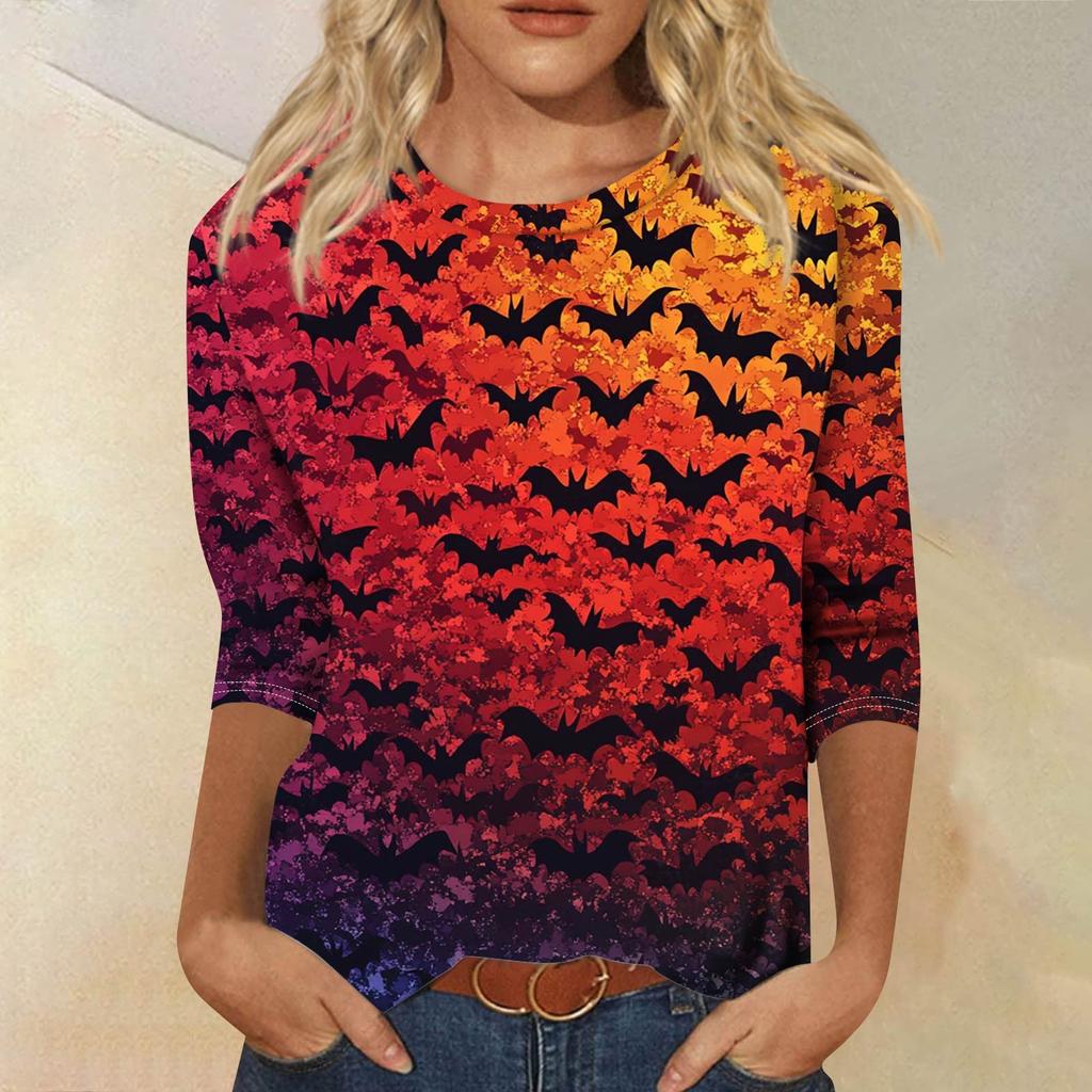 Women's Fashion Casual Round Neck 3/4 Sleeve Loose Printed T-Shirt Ladies Top