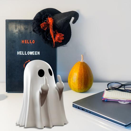 Halloween Ghost Figurine Spooky Resin Middle Finger Statue Cute Small Ghost Table Ornament for Halloween Indoor Home Desktop Decor
