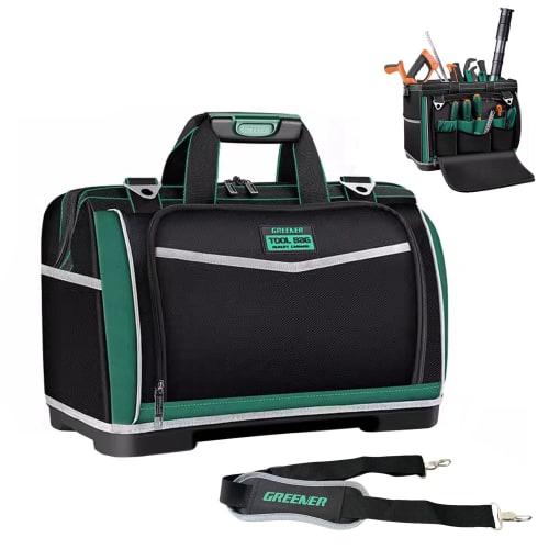 MATSURIA Tool Bag, Large Capacity, 19 Pockets, Shoulder Strap, Freestanding, Plastic Bottom, Tool Storage Bag for Carpentry Tools (16 Inches)