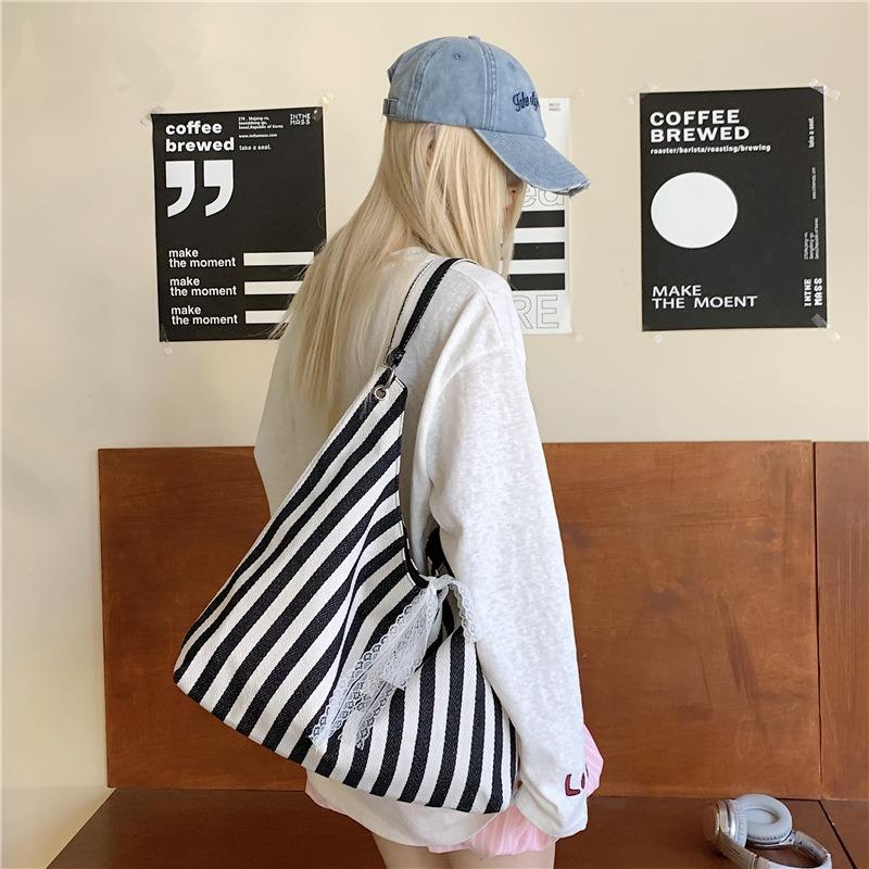 Shoulder bag summer large capacity striped canvas bag wind simple lazy fashion tote bag commuter versatile
