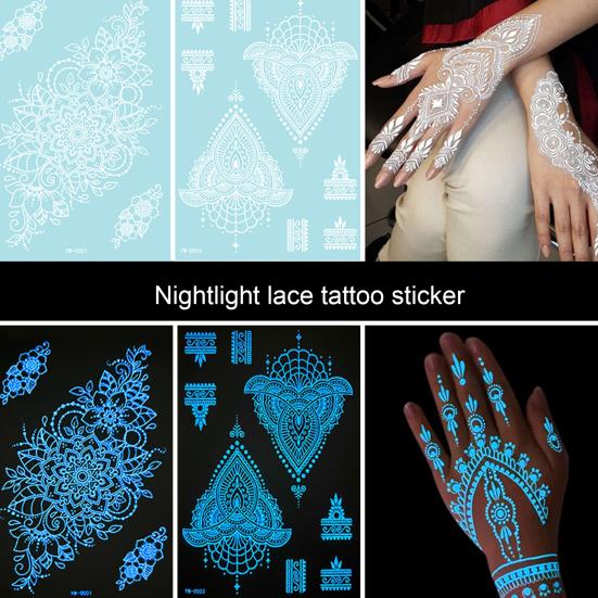 6Pcs Glow in Dark Tattoo Stickers, Lace Temporary Body Art for Hands, Waterproof Indian Mehndi Tattoos for Women Girls