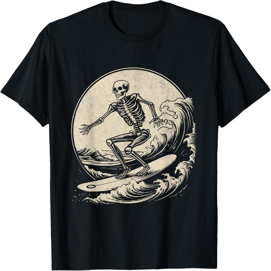Skeleton Surfer Vintage Big Wave Surfing Funny Halloween T-Shirt XXXXXL чёрный