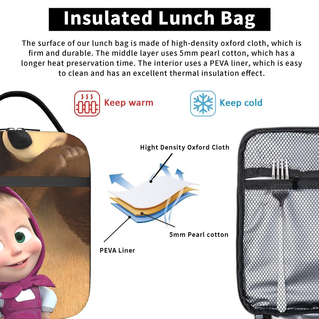 Cute M-Masha and Bear Insulated Lunch Bags High Capacity Meal Container Thermal Bag Tote Lunch Box College Outdoor Men Women