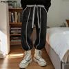 Autumn Spring Men Casual Zip-up Waist Stitching Belt Texture Long Harem Pants Trousers