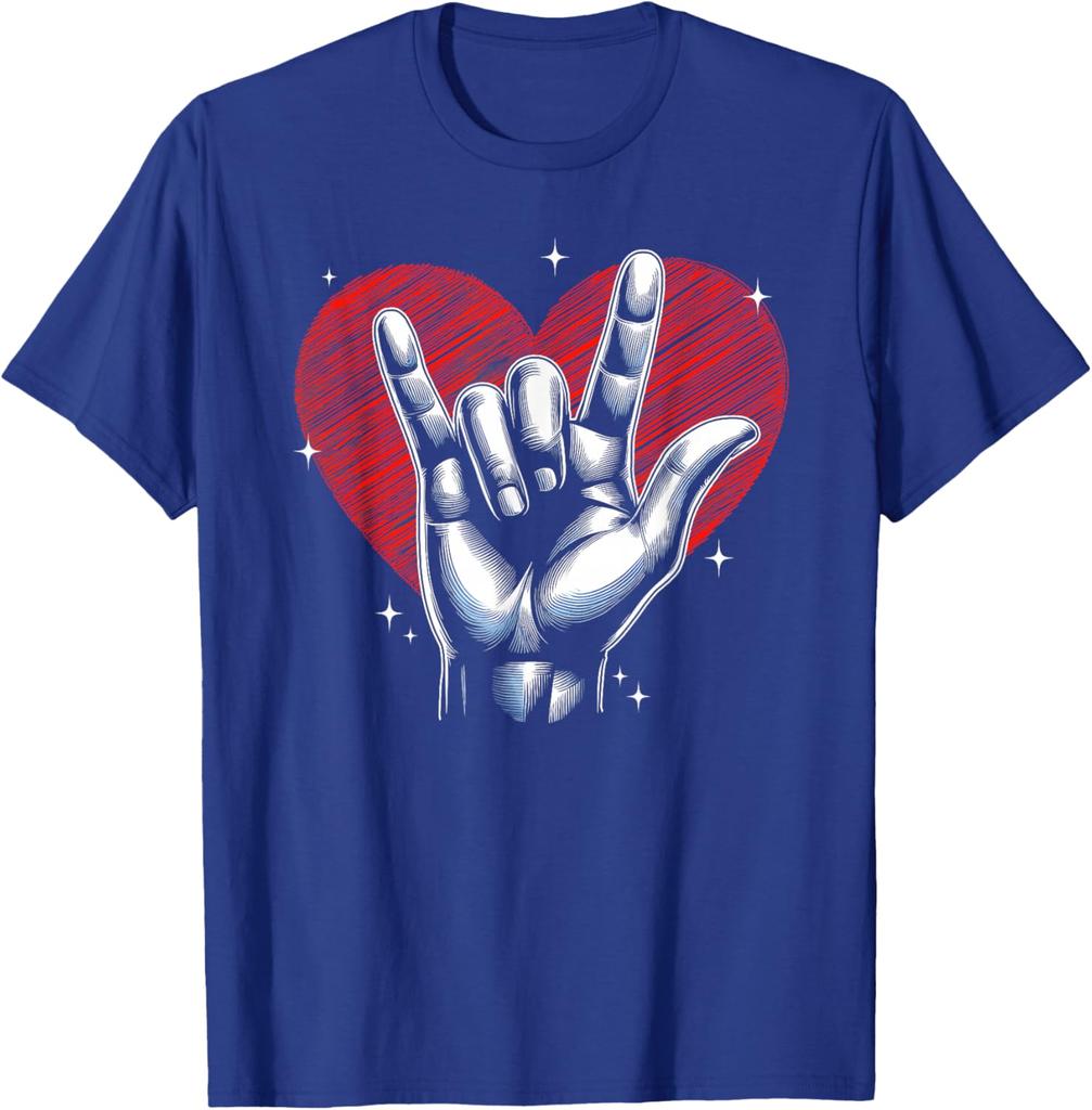 I Love You Hand Sign Rock Gesture Heart Graphic Print Short Sleeve T-Shirt Casual Daily Cotton Tee