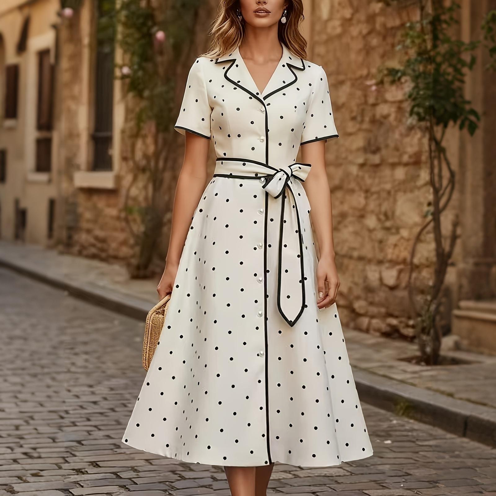 Women s Polka Dot V Neck Button Front Dress with Waist Tie Short Sleeve Midi Dress Casual Elegant Style L белый