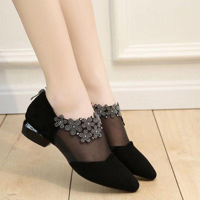 Women s Beaded Mesh Pointed Toe Low Heel Pumps for Evening Party Wear 35 чёрный