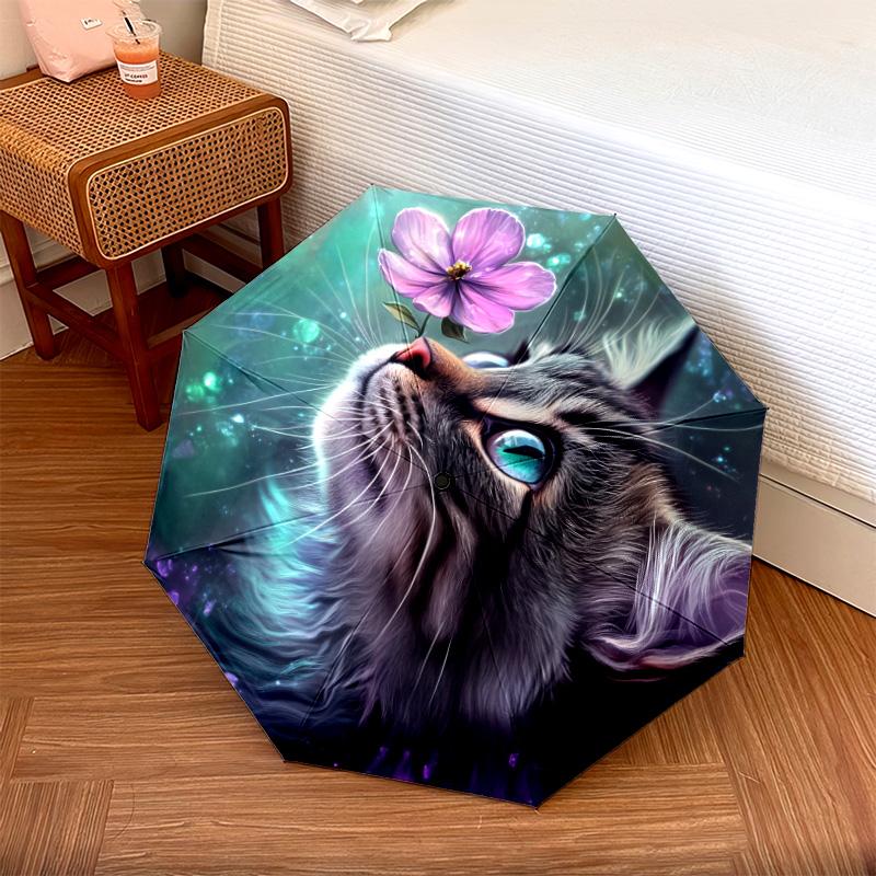 Plant Cat  pattern, automatic folding umbrella, portable and foldable design, 8 ribs, a Christmas or birthday gift.
