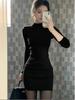 Women's Black Velvet High Neck Slim Fit Inner Dress - Winter Hip-Hugging Short Skirt