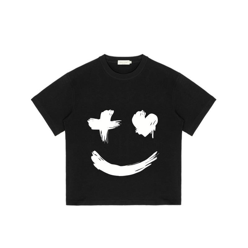 Black T Shirt with White Brush Stroke Smile Face Print for Casual Wear