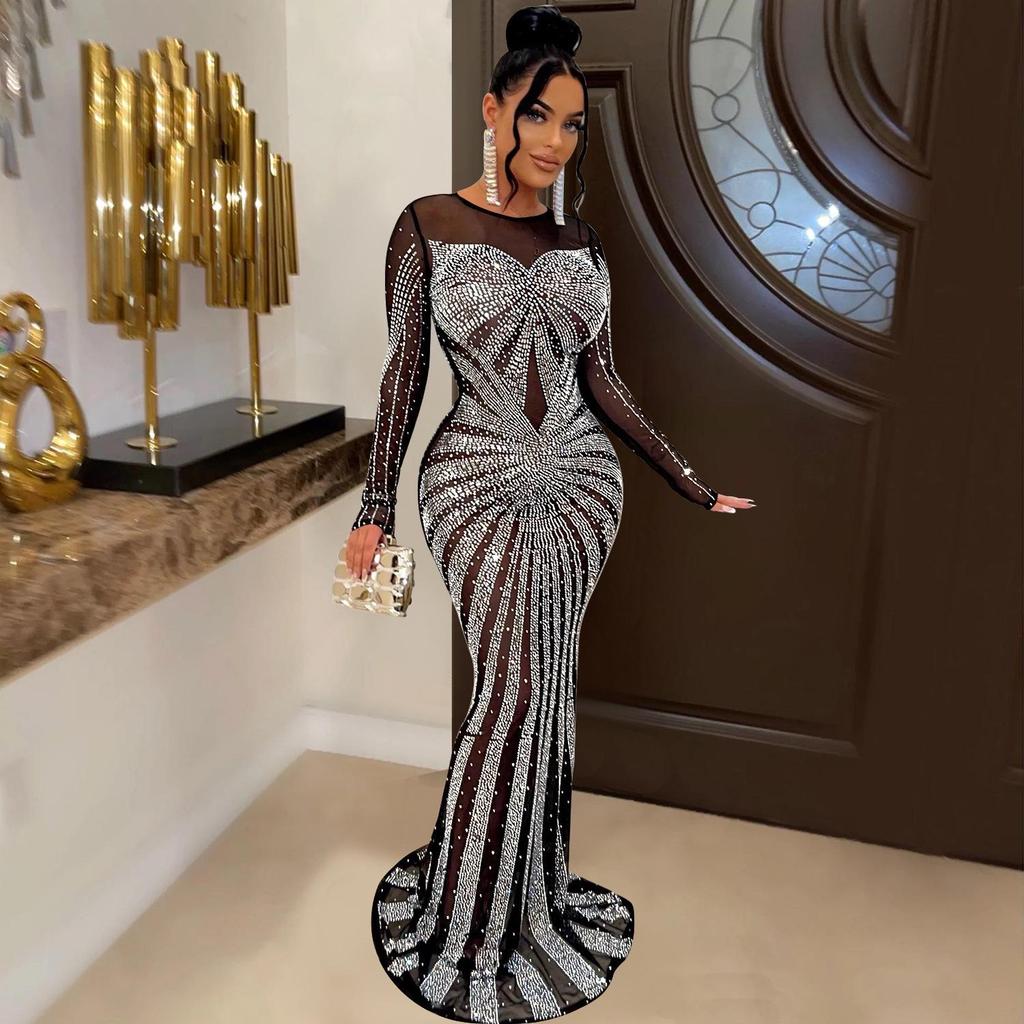 Europäisches & Amerikanisches Mode Damen Einfarbiges Netz Durchsichtiges Langarmkleid mit Heißbohrdetails