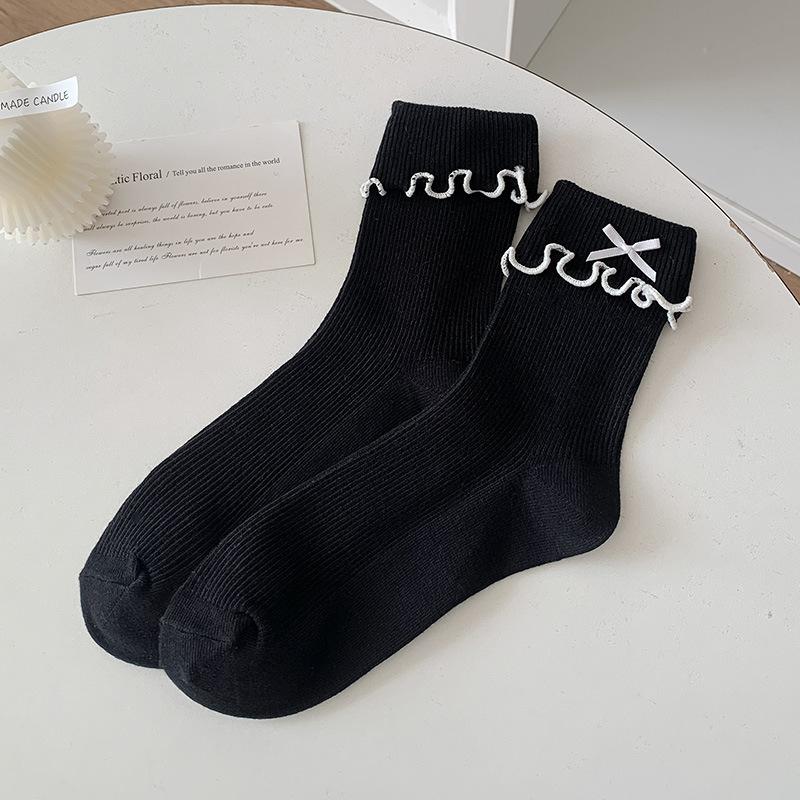 Sweet Fungus Edge Socks Female Cute Flanged Bow Medium Tube Socks Spring And Autumn Girl Style Stacking Socks