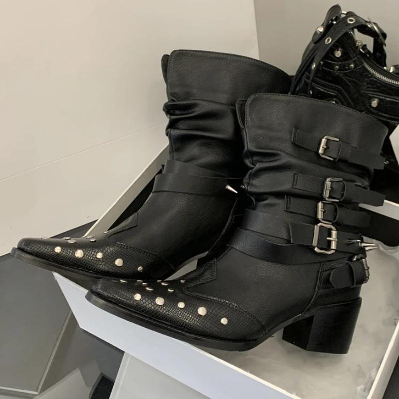 Pointed Toe Rivets Design Ankle Boots Women Fashion Punk Style Belt Buckle Chunky Heels Knight Short Boots Ladies Designer Pumps