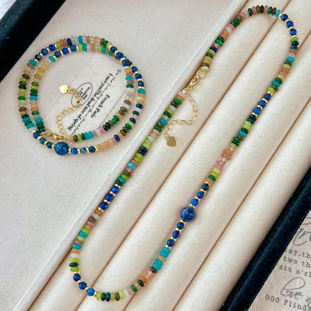 

Vintage Romantic Natural Lapis Lazuli Colored Quartz Rock Flying Saucer Beads Collarbone Chain Necklace