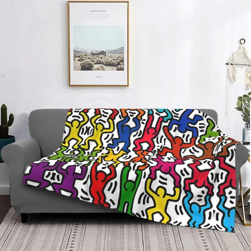 Dancing In The Wind Colorful Theme Flannel Throw Blanket Soft Cozy Haring Geometric Paintings Art for Bedroom Couch Home Decor