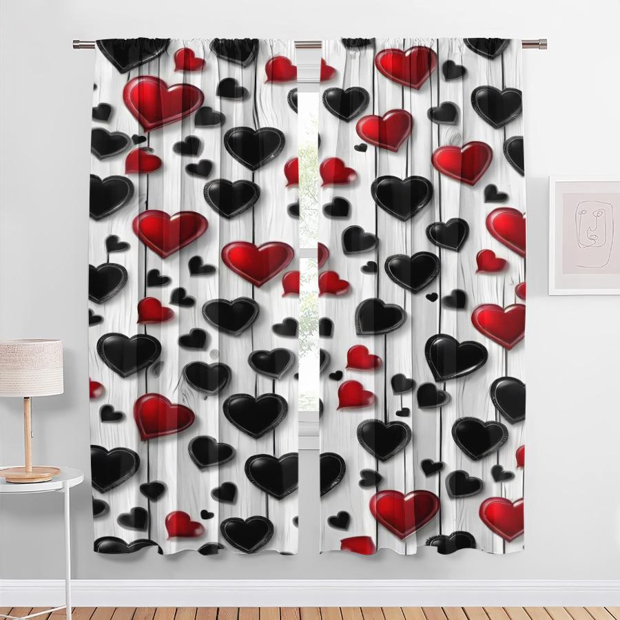 2PCS Red   White   Black Heart-shaped Wood Grain Curtains   Classic Style   Bedroom and Living Room   Pull Rod Pocket Style