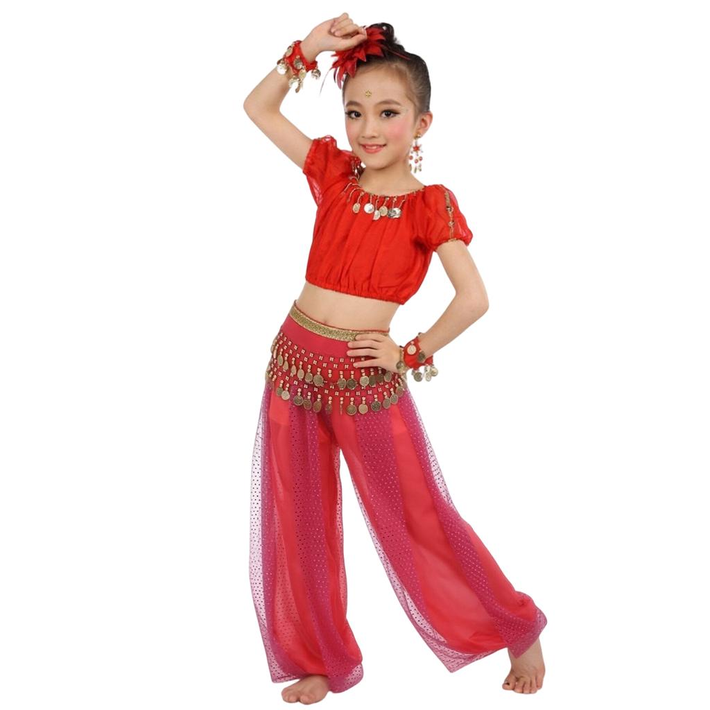 Children's Dance Costume Set Indian Style Belly Dance Outfit for Girls Includes Top Pants and Waist Chain Suitable for Performance and Practice