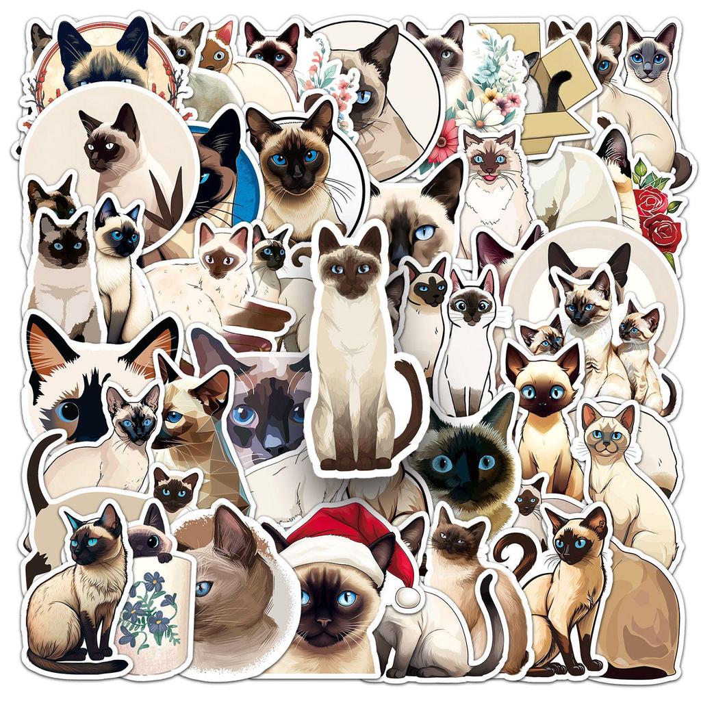 50 Cute Siamese Cat Stickers: Waterproof, Cartoon Pet Decorations for Cups and Journals