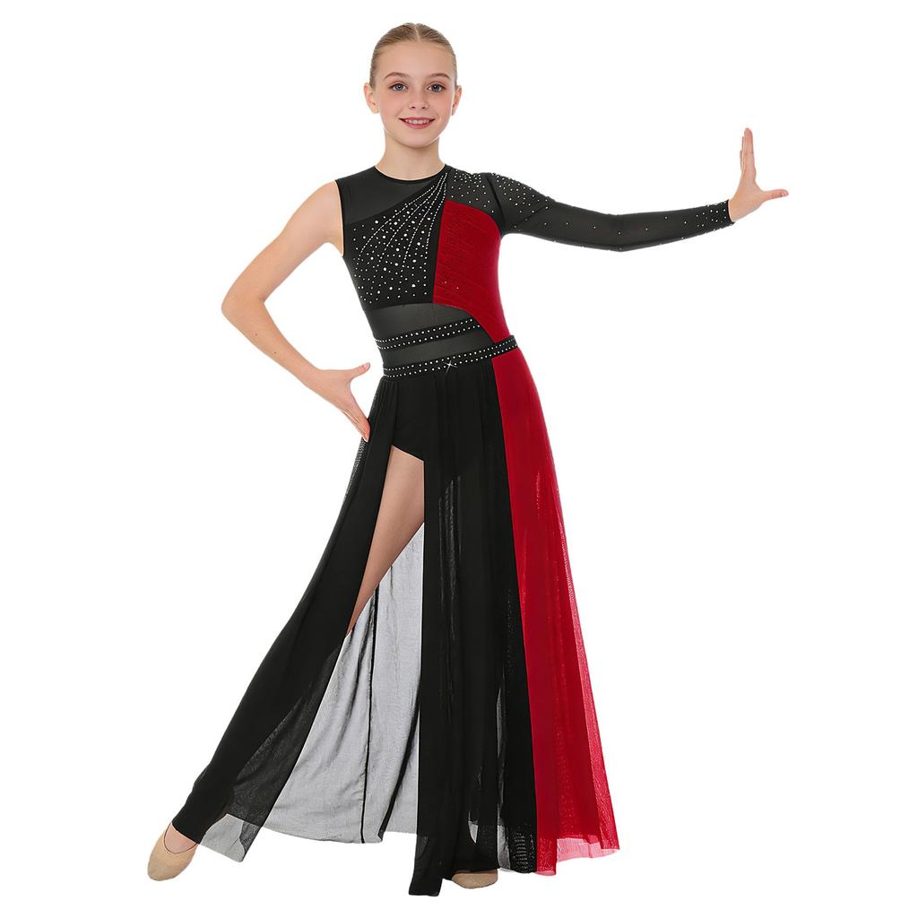 Kids Girls Stage Performance Dress: Back Invisible Zipper Color Block Mesh Patchwork Side Split with Shiny Rhinestones for Lyrical Dance