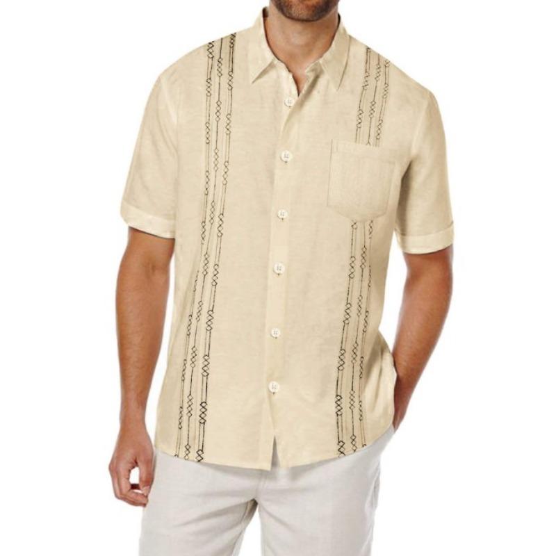 

Mens Cuban Guayabera Shirt Linen Blend Short Sleeve Embroidery Casual Top S абрикосовий