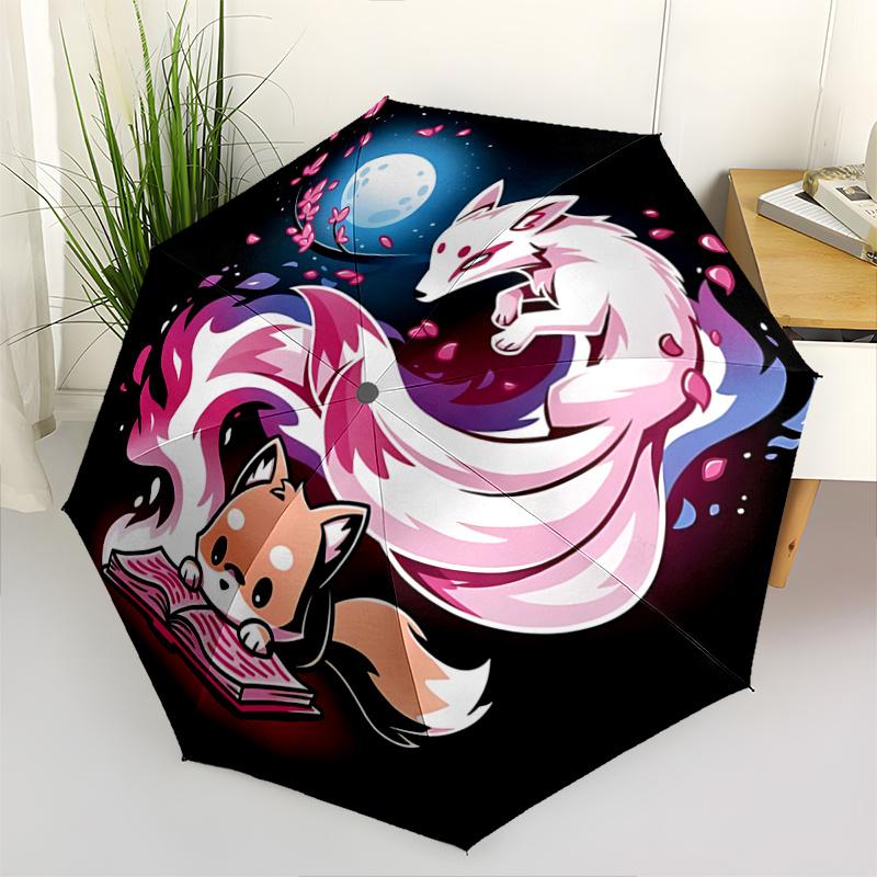 1pc Fox Reading Book with Cherry Blossoms Automatic Umbrella Design, Cute Cartoon Pattern, Portable Outdoor Umbrella, Perfect F079