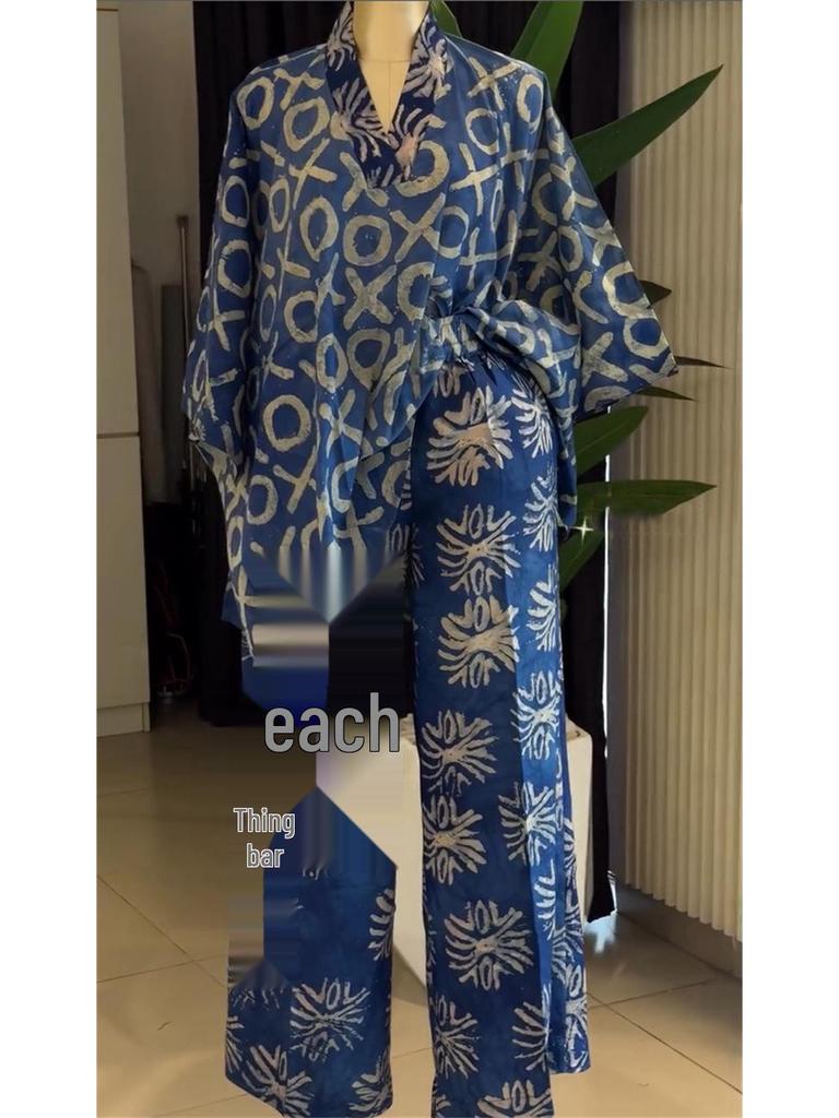 European & American Women's Summer 2026 Sweet Floral V-Neck Batwing Sleeve Top & High Waist Straight Leg Pants Set