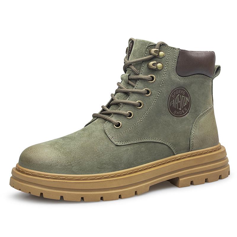 Men's Large Size Winter Genuine Leather Martin Boots, Thick Sole, High-Top, Outdoor, Plus Velvet, Yellow Work Boots.