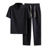 Men's Baggy Cotton Linen Pocket Solid Short Sleeve Retro T Shirts Top Pant 