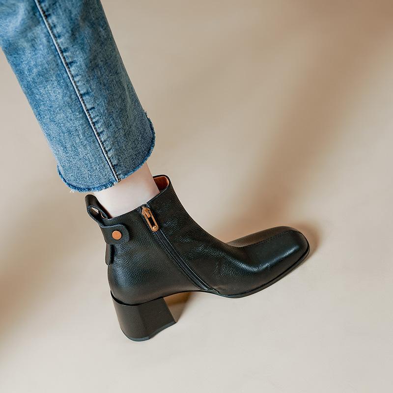 2024 New Boots Women Top Quality Genuine Leather Autumn Winter Boots Female Slip On Chelsea Boots Square High-heel Ankle Boots