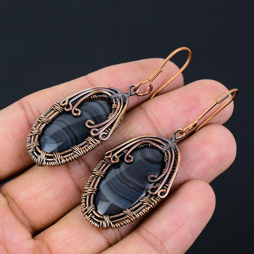 Agate rubanée noire Fait main Fil de cuivre enveloppé Bijou Boucle d'oreille 2.56 D5B60