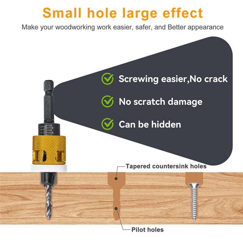 ABUL-5Pcs Countersink Drill Bits Set With Low Friction Depth Stop, With 10Pcs Replacement HSS Drill Bit,Adjustable Depth Stop
