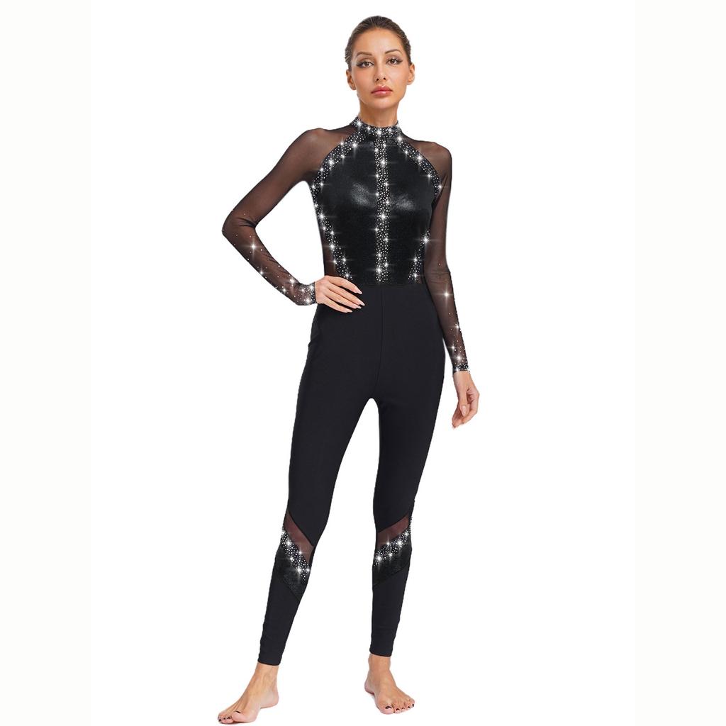 Womens Gymnastics Dance Jumpsuit Sparkling Rhinestones Full Body Leotard Sheer Mesh Patchwork Color Block Leotard