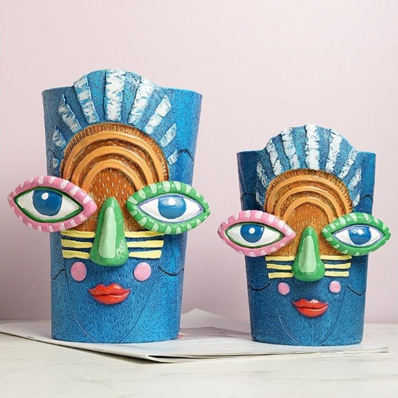 Maya Big Eyes Facial Sculpture Flower Pot Abstract Art Resin Flower Pot Garden Courtyard Home Desktop Decoration Plant Container