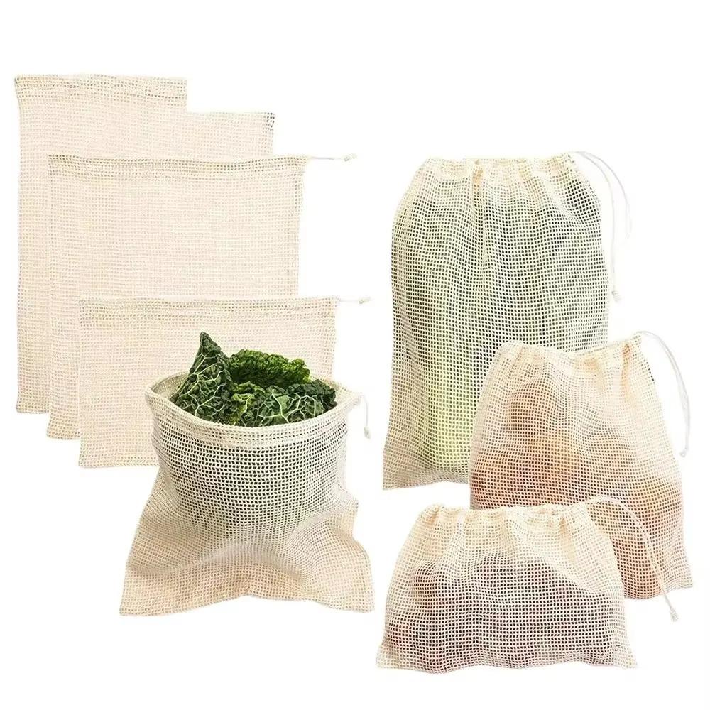 With Drawstring Reusable Produce Bags Filter Cotton Mesh Grocery Bags  Kitchen Gadget