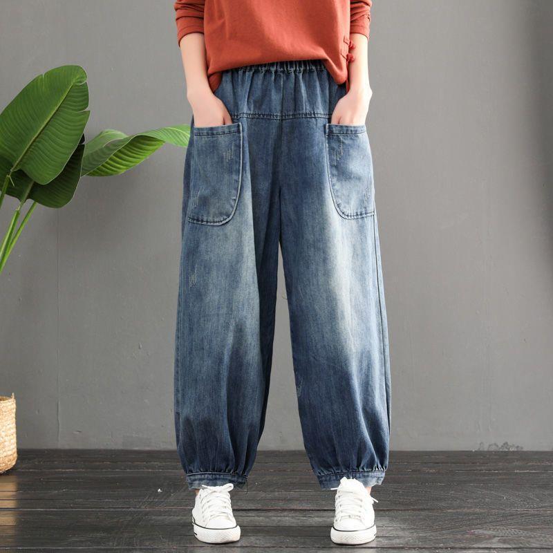 

Women s Plus Size Korean-Style Wide-Leg Denim Pants with Elastic Waist and Large Pockets - 2023 Spring/Autumn Collection M (suggested for 95-120 jin)