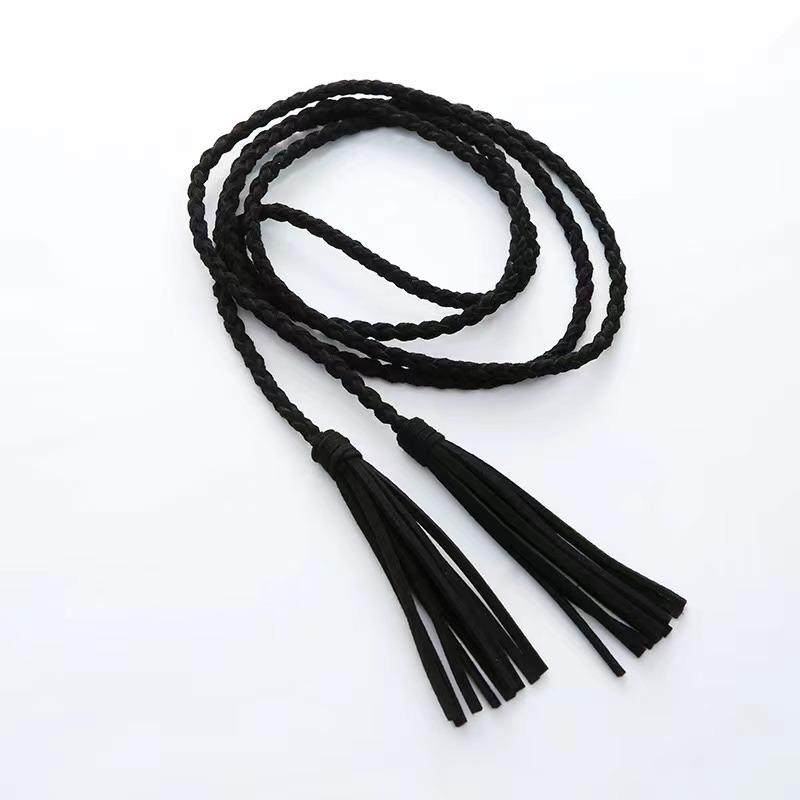Leather Designer Braid Waist Belt With Tassel