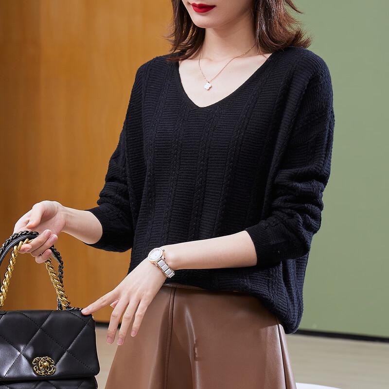 TUHUANG Women's 100% Pure Wool Textured V-Neck Sweater