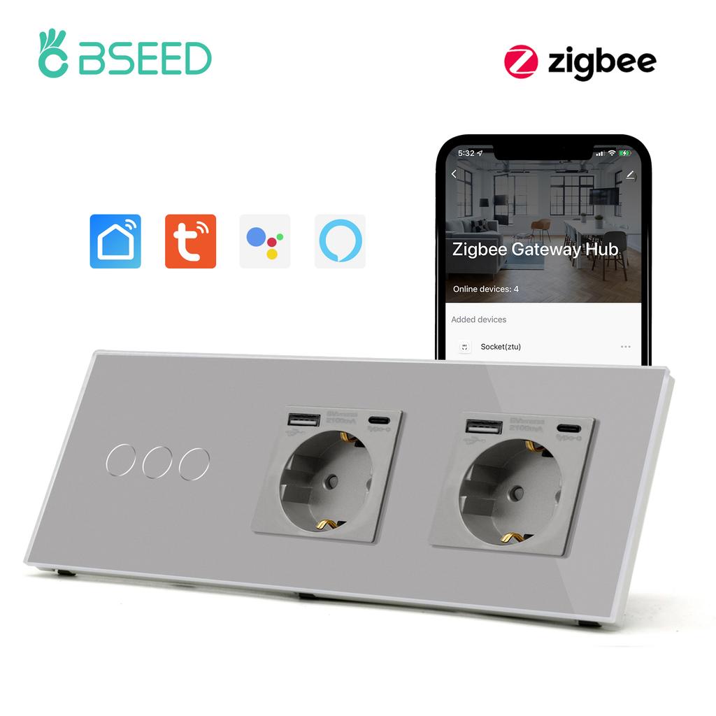 BSEED Zigbee 1/2/3Gang Touch Light Switch 1/2/3Way Sensor Switches With EU Type-c USB Sockets Tuya Smart Life Alexa Control