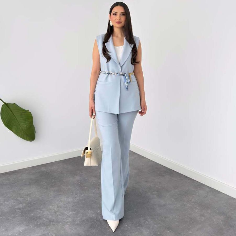 Amazon cross-border 2026 summer new cross-border European and American V-neck lace-up sleeveless suit jacket straight trousers XS светло-синий
