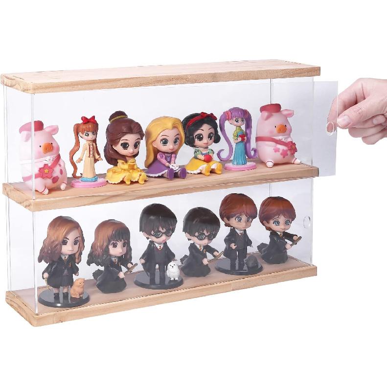 Clear Acrylic Display Shelf Case for Mini Funko Pop, Wooden Display Stand Riser 2 Layer Storage Rack for Decoration Action Figures Collectibles Toys,