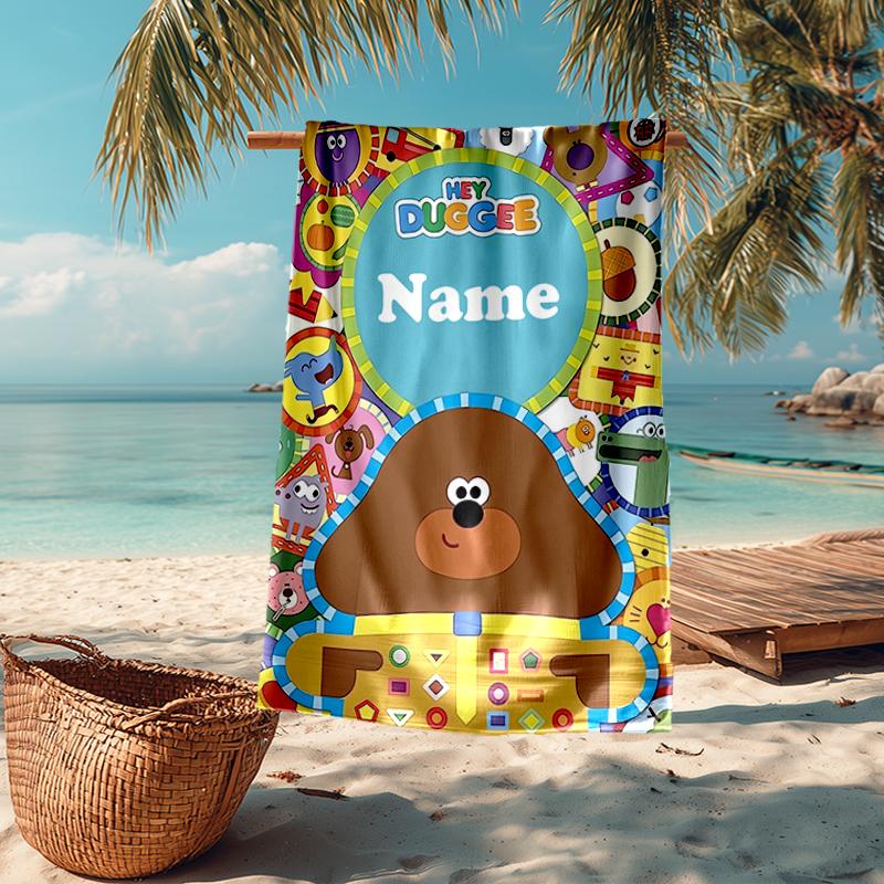 Custom Name Ultra-Soft Beach Towel with Hey Duggee Theme,Ideal for Pool - Camping, Diving - Perfect Travel Essential, Vibrant Beach Towel.