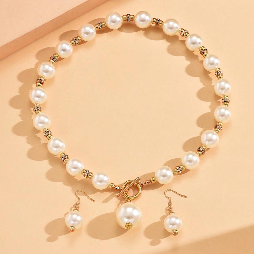 1pcs Light Luxury Gold Imitation Pearl Earring Necklace Set, High-End Clavicle Chain Fashionable Women'S Style