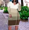 Women Plus Size V Neck Long Sleeve Geometric Printed Straight Dress White Black Orange