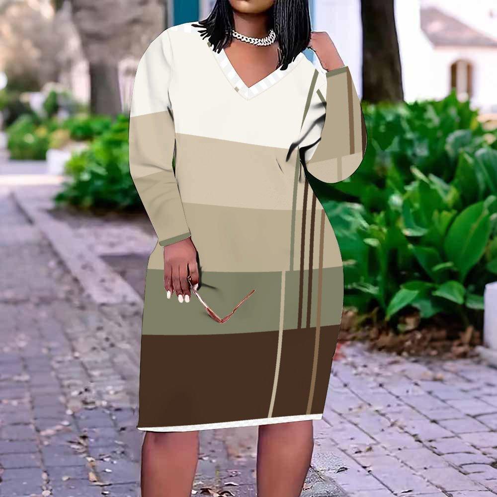 Women Plus Size V Neck Long Sleeve Geometric Printed Straight Dress White Black Orange