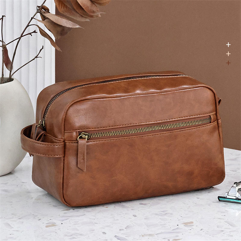 Men PU Leather Wash Bag Travel Business Trips Portable Cosmetic Bag Large Capacity Multi Pocket Design Handheld business trip Wash Bag