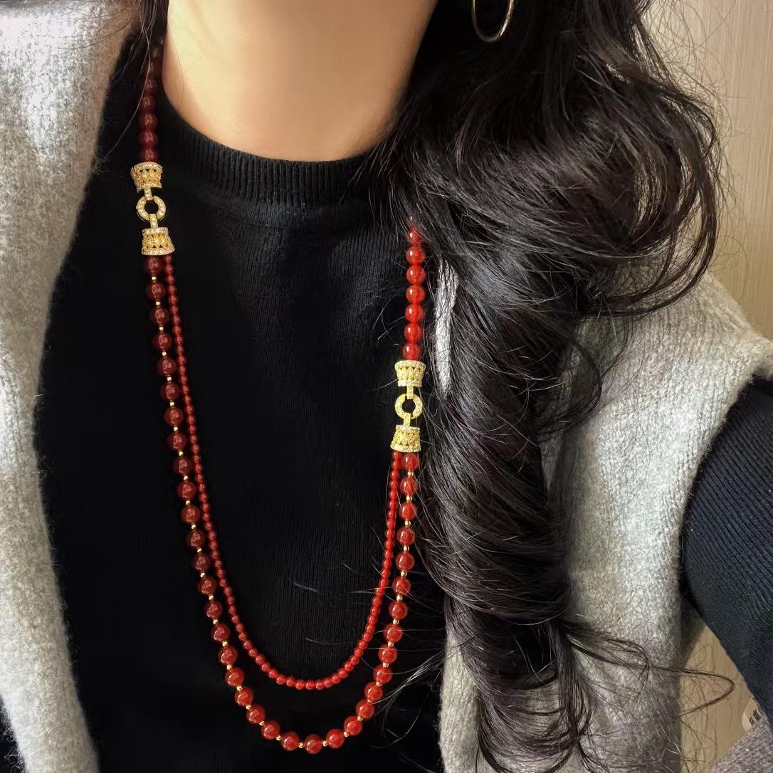 Retro Natural Chalcedony Design Sense Removable Sweater Chain Necklace Collarbone Chain