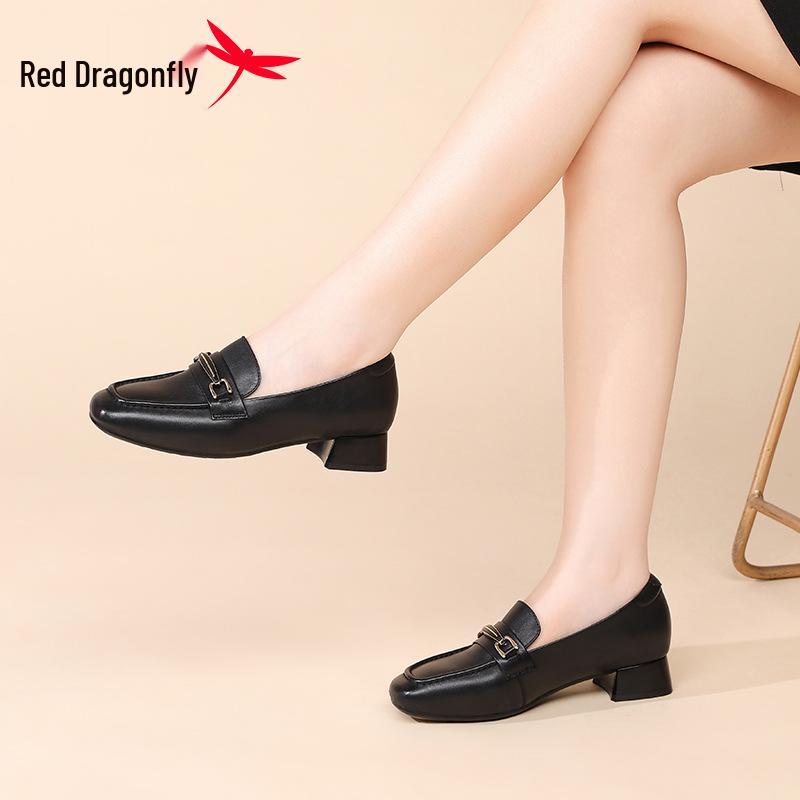 Red Dragonfly Women's Genuine Leather Slip-on Shoes, 2025 Autumn Style, Thick Sole, Square Toe, Chunky Heel.