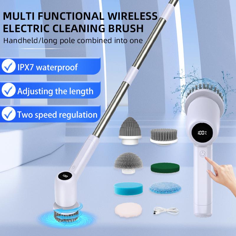 Detachable Long Handle IPX7 Waterproof Electric Spin Scrubber with 7 Replaceable Cleaning Brush Heads